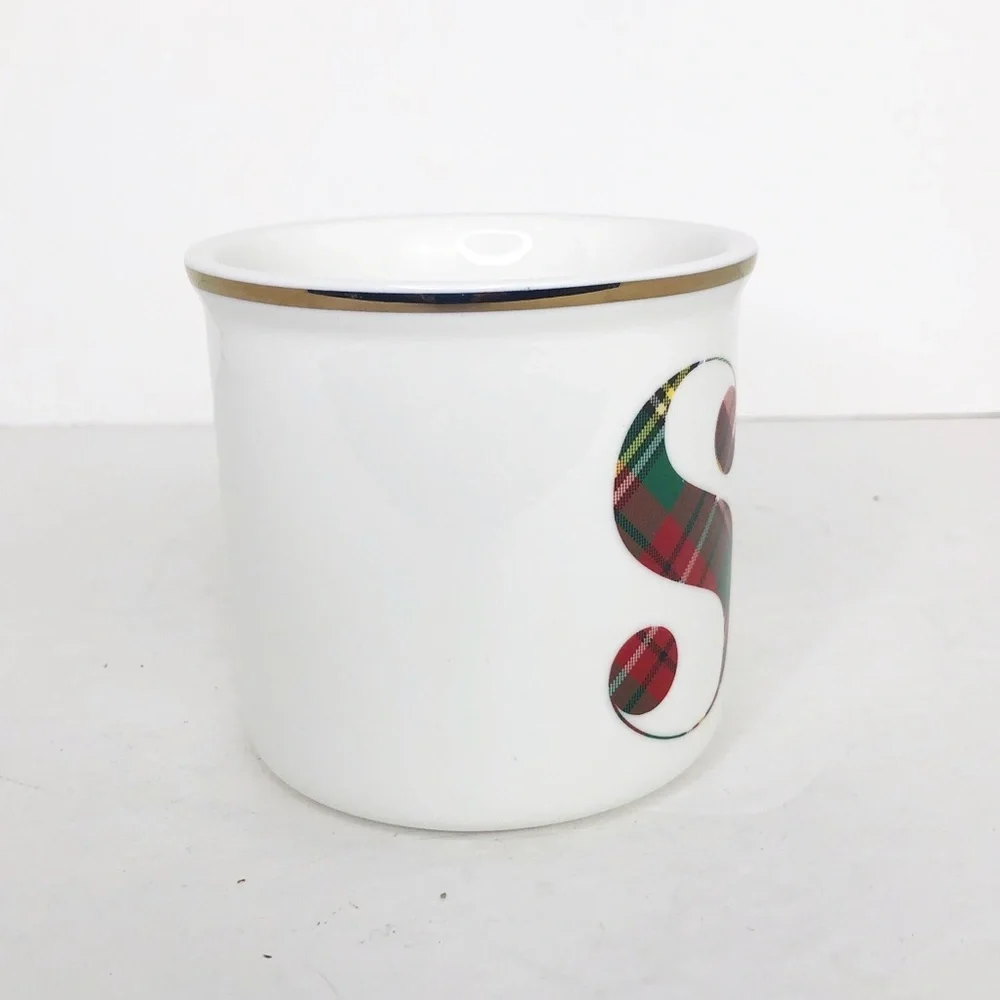Pottery barn, gold toned, rimmed plaid S coffee mug